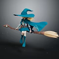 Fantasy Game Movie Witch Character with Blonde Hair Blue Hat and Cloak Riding Broomstick
