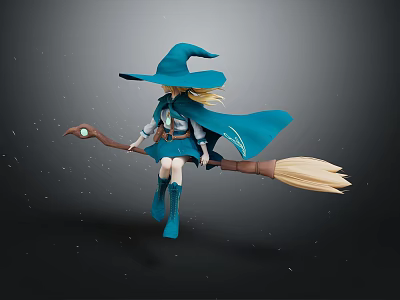 Fantasy Game Movie Witch Character with Blonde Hair Blue Hat and Cloak Riding Broomstick 3d model