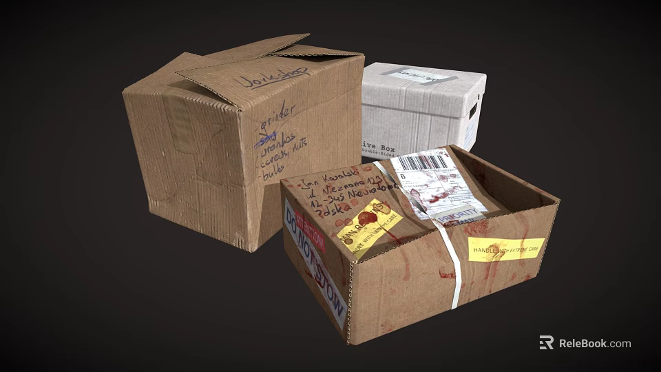 Various Cardboard Boxes Featuring Handwritten Labels Sealed Open And Taped Packages 3d model