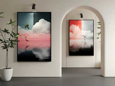 Modern Interior Wall Art With Flamingo Cloud Reflection And Green Plants 3d model
