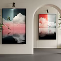 Modern Interior Wall Art With Flamingo Cloud Reflection And Green Plants