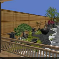 Serene Courtyard Garden With Bamboo Fence Stone Pathway Lanterns And Ornamental Trees