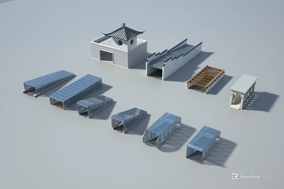 Modern Road Facilities With Different Types Of Bus Shelters Canopies And Passageways 3d model 