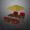 Outdoor Dining Set Featuring Wooden Table Red Chairs And Yellow Umbrella