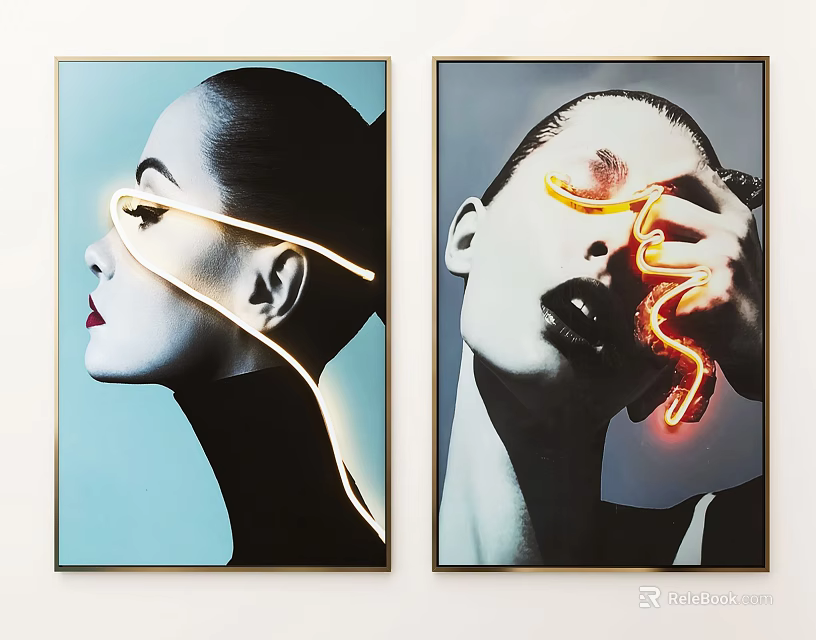 Modern Portrait Paintings Featuring Two Figures With Neon Light Effects On Faces 3d model 