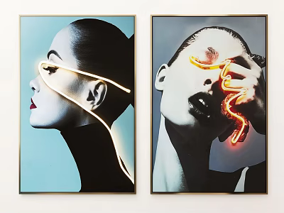 Modern Portrait Paintings Featuring Two Figures With Neon Light Effects On Faces 3d model
