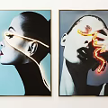 Modern Portrait Paintings Featuring Two Figures With Neon Light Effects On Faces 3d model