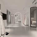 Modern White Wedding Dress Shop Interior With Arched Design And Gowns