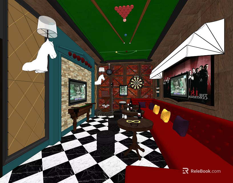 KTV Interior With Red Sofas Black And White Checkered Floor TVs Dartboard And Decorative Lamps 3d model 