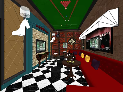 KTV Interior With Red Sofas Black And White Checkered Floor TVs Dartboard And Decorative Lamps 3d model