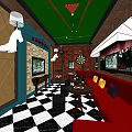KTV Interior With Red Sofas Black And White Checkered Floor TVs Dartboard And Decorative Lamps