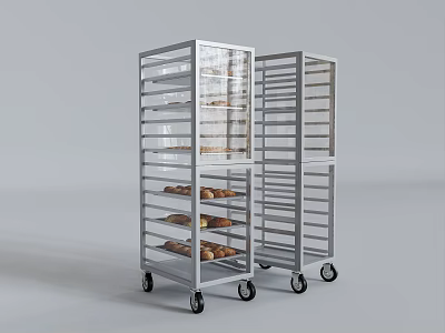 Transparent Door Mobile Metal Bakery Racks With Bread Loaves On Wheels 3d model