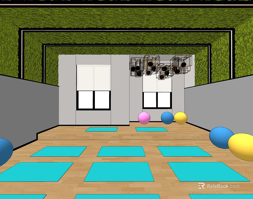 Indoor Fitness Studio With Green Ceiling Decor Gray Walls Blue Exercise Mats And Colorful Balls 3d model 