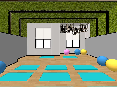Indoor Fitness Studio With Green Ceiling Decor Gray Walls Blue Exercise Mats And Colorful Balls 3d model