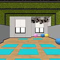 Indoor Fitness Studio With Green Ceiling Decor Gray Walls Blue Exercise Mats And Colorful Balls