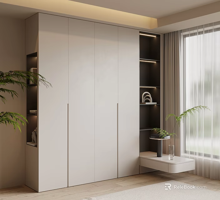 Modern White Wardrobe Design With Open Black Shelves And Potted Plant By Window 3d model 