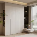 Modern White Wardrobe Design With Open Black Shelves And Potted Plant By Window