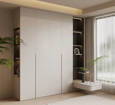 Modern White Wardrobe Design With Open Black Shelves And Potted Plant By Window 3d model