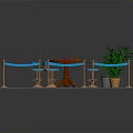 Building Interior Design With Red Carpet Green Table Blue Chairs Railings And Plants