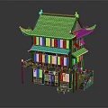 Traditional Chinese Ancient Architecture Two Story Wooden Structure With Tile Roof Overhanging Eaves And Lanterns