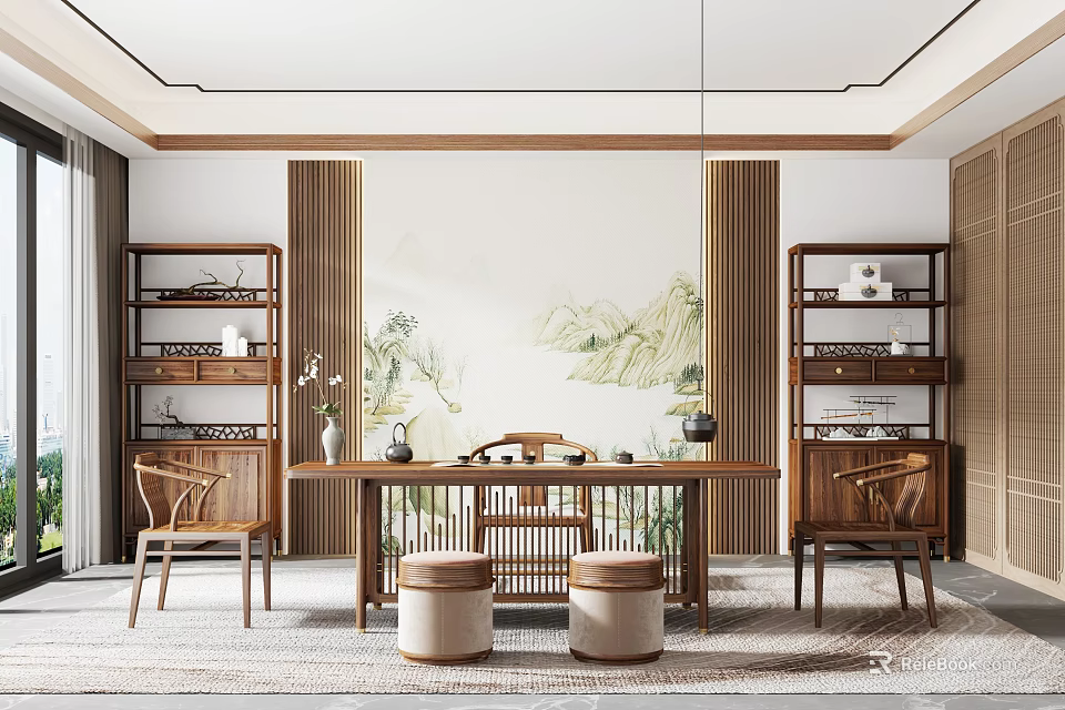Traditional Chinese Tea Room Interior With Wooden Table Chairs Landscape Painting Shelves And Stools 3d model 