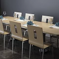 Stylish Modern Dining Table Set With Chairs Wine Glasses Plates And Green Curtain