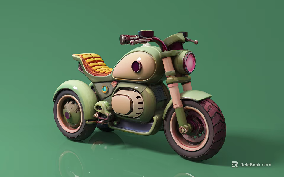 Unique Green Vintage Motorcycle With Yellow Cushioned Seat And Round Headlight Design 3d model 