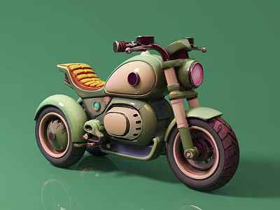 Unique Green Vintage Motorcycle With Yellow Cushioned Seat And Round Headlight Design 3d model