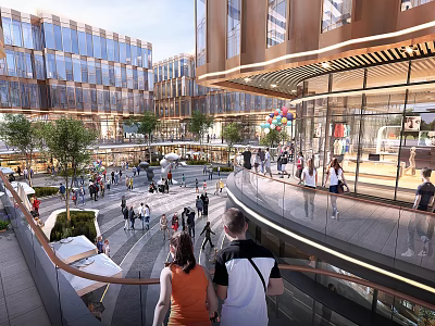 Modern Commercial Street With Bustling Crowds Green Trees And Colorful Balloons 3d model