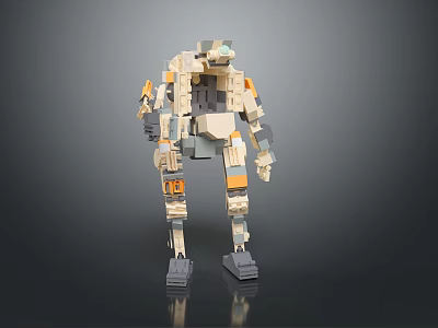 Game Movie Character Lego Mechanical Robot With Beige Orange Gray Armor Standing On Dark Background 3d model