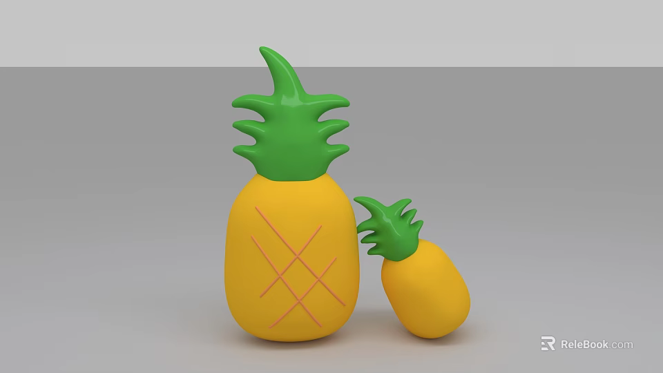 Large And Small Inflatable Pineapple Toys With Yellow Body Green Leaves And Pink Cross Pattern 3d model 