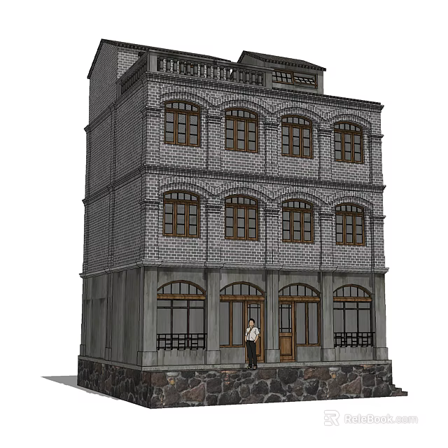 Historic Commercial Street Multi story Brick Building With Arched Windows And Storefront Entrance 3d model 