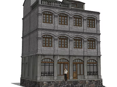 Historic Commercial Street Multi story Brick Building With Arched Windows And Storefront Entrance 3d model