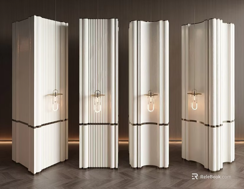 Elegant Modern White Columns with Vertical Stripes Black Accents and Wall Lamps 3d model 