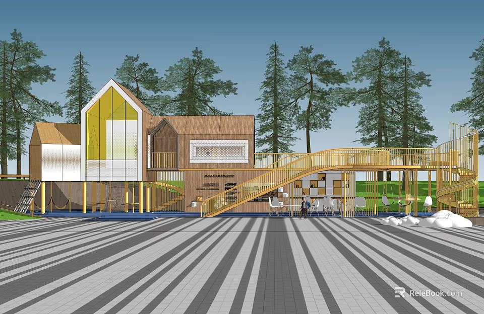 Contemporary Public Building With Wooden Glass Walls Yellow Bridge And Trees Around Striped Pavement 3d model 