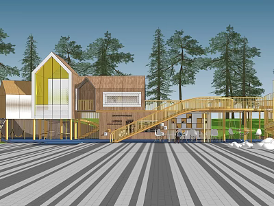 Contemporary Public Building With Wooden Glass Walls Yellow Bridge And Trees Around Striped Pavement 3d model