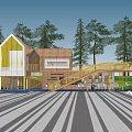 Contemporary Public Building With Wooden Glass Walls Yellow Bridge And Trees Around Striped Pavement
