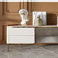 Modern White TV Stand With Brown White Wall And Decorative Painting In Living Room