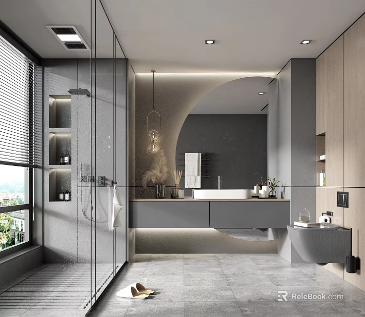 Modern Bathroom Interior Design With Glass Shower Round Mirror Gray Vanity And Wooden Cabinets 3d model 