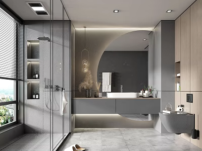 Modern Bathroom Interior Design With Glass Shower Round Mirror Gray Vanity And Wooden Cabinets 3d model