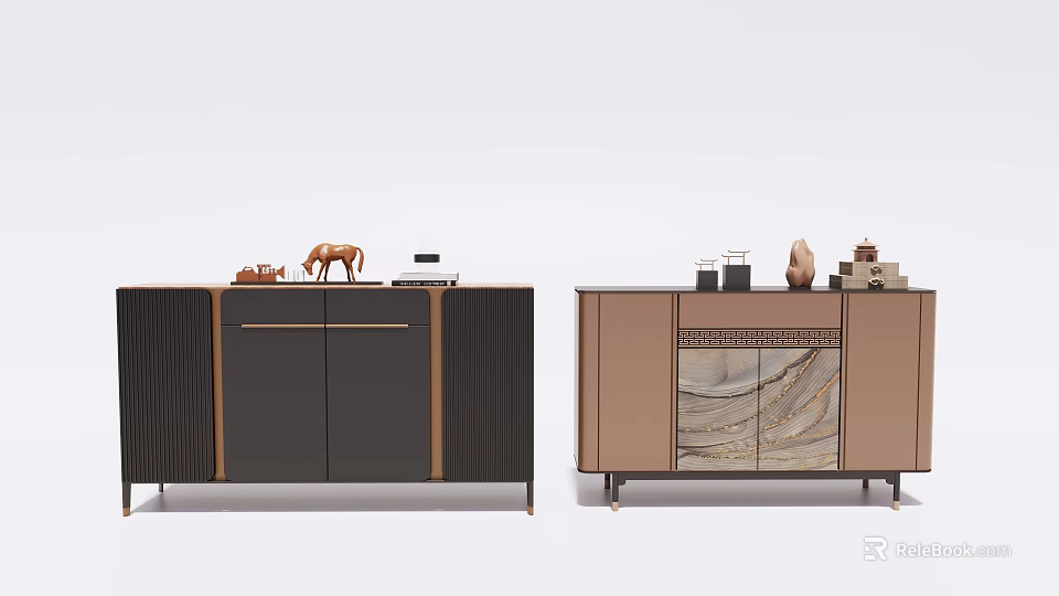 Modern Console And Side Cabinets With Dark Striped Doors Light Marble Panels And Decor Items 3d model 