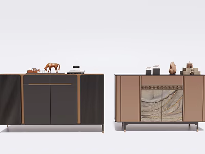 Modern Console And Side Cabinets With Dark Striped Doors Light Marble Panels And Decor Items 3d model