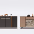 Modern Console And Side Cabinets With Dark Striped Doors Light Marble Panels And Decor Items