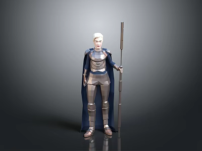 White Haired Man in Metallic Armor With Blue Cape Holding Long Staff 3d model