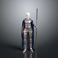 White Haired Man in Metallic Armor With Blue Cape Holding Long Staff