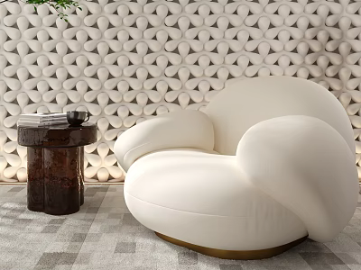 White Single Sofa With Gold Base And Side Table By Geometric Patterned Wall 3d model