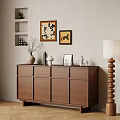 Entryway Cabinet Sideboard in Walnut Wood with Doors Drawers Framed Artworks Floor Lamp and Vases