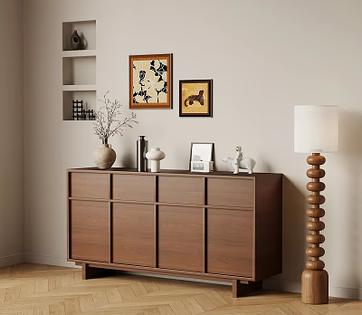 Entryway Cabinet Sideboard in Walnut Wood with Doors Drawers Framed Artworks Floor Lamp and Vases 3d model