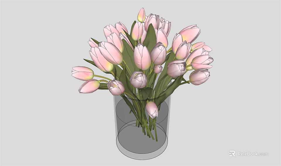 Elegant Transparent Glass Vase With Fresh Pink Tulips And Green Leaves 3d model 