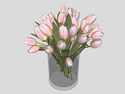 Elegant Transparent Glass Vase With Fresh Pink Tulips And Green Leaves 3d model